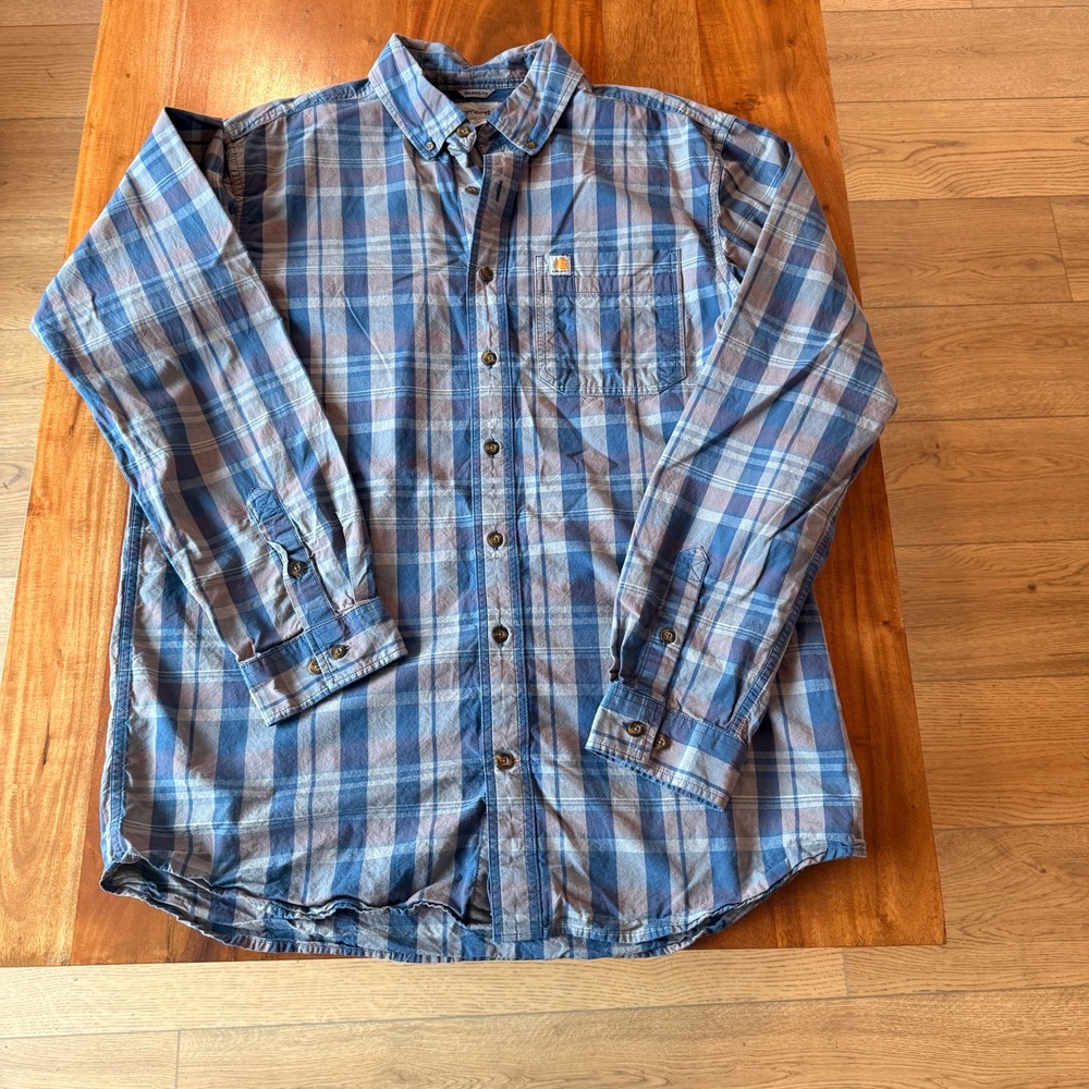 Carhartt Men's Blue/Gray Plaid Long Sleeve Button Up Shirt Size L Tall